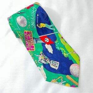 Vintage 1993 Nicole Miller Green Golf Themed Men's Necktie. 100% Silk. Hand Sewn